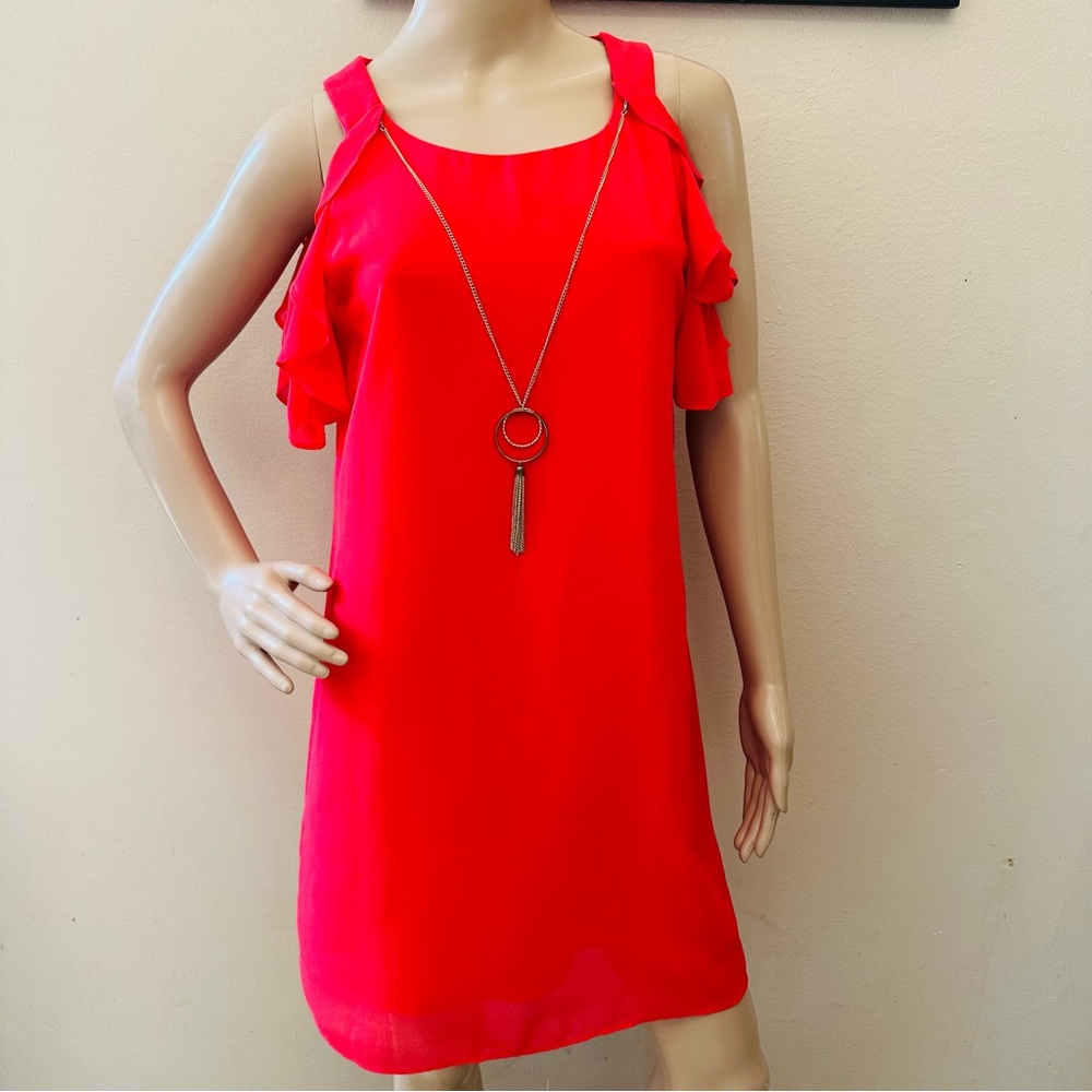 BCX Vibrant Red Ruffle Mini Dress with Attached Jewelry Accent